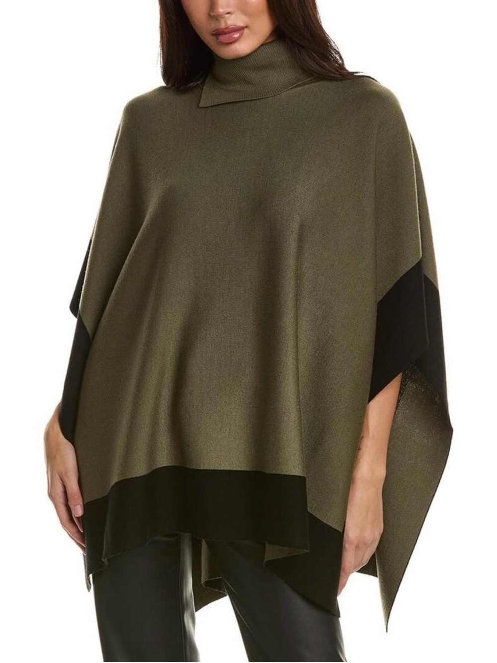 Hugo Boss Landara Wool Turtleneck Poncho One Size Olive Green Black Chic Classic